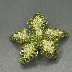 Vintage Crystal Beaded Flower Brooch Pin Designer Style Green AB Crystal